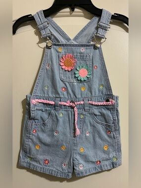 VINTAGE 90’ Girls Denim Sunflowers Embroidered Bib Overalls Shortalls 4T